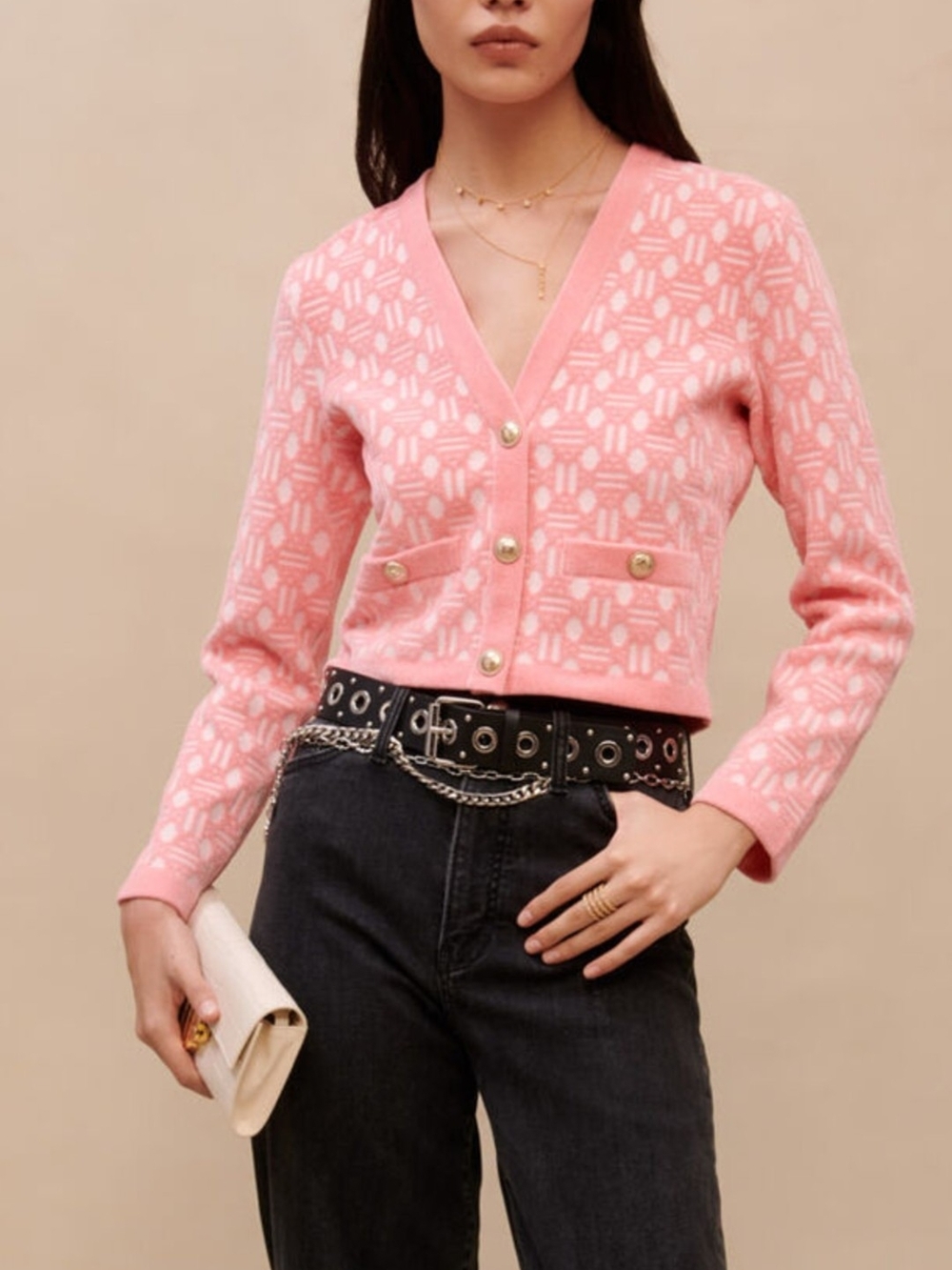 Maje Pink Patterned V-Neck Cardigan with Gold Buttons
